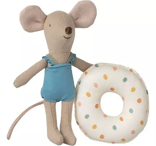 Souris Petite Soeur à la plage avec sa bouée pois multicolores