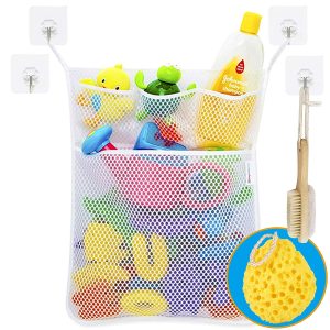 Filet de Rangement Salle de Bain, Sac à Jouet avec 4 crochets Auto-Adhésifs. 1 Eponge de Douche fournis