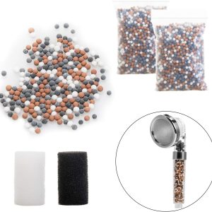 2 Paquets Filtres à Douche (Perles 2.5mm Ø) + 2 Éponges de Filtre – Meilleure Capacité de Filtrage