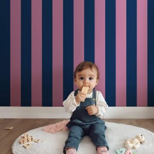 Papier peint rayures Cassis – Bleu Marine & Rose