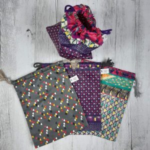 Sac pochon en coton enduit, lien coulissant, différents modèles au choix – Petit modèle