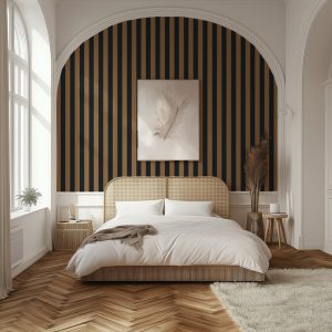 Papier peint rayures Bronzite – Marron Clair & Bleu Marine