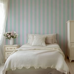 Papier peint rayures Amande – Turquoise & Lilas