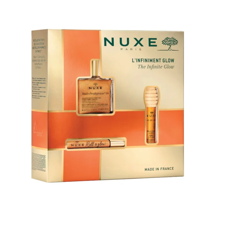 NUXE COFFRET GLOW INFINITO HUILE PRODIGIEUSE OR 50ML + ROLL ON 8ML + LIPSTICK 10ML