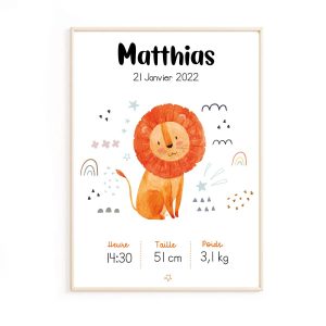 Affiche de naissance bébé lion personnalisée