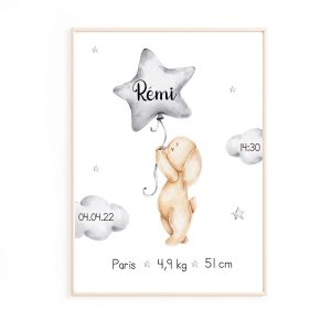 Affiche de naissance lapin dans les étoiles personnalisée