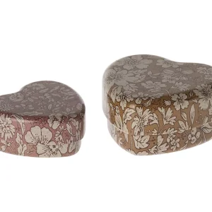 Boites coeurs en métal, lot de 2 – ocre et fleurs