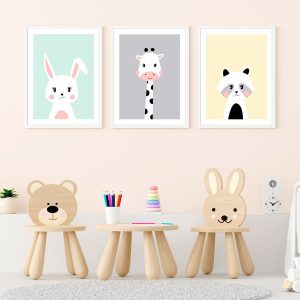 Lot de 3 affiches animaux pastel