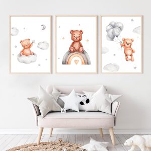 Lot de 3 affiches ourson dans les nuages pour bébé