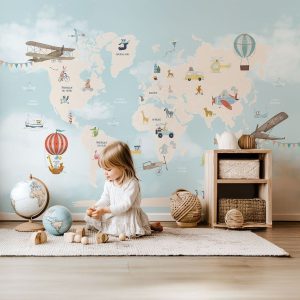 Papier peint carte du monde animaux voyageurs