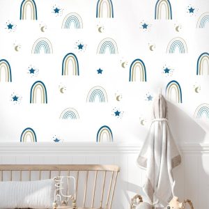 Papier peint arc en ciel bleu + étoiles pour garçon