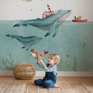 Papier peint baleine sous la mer et les étoiles pour enfant