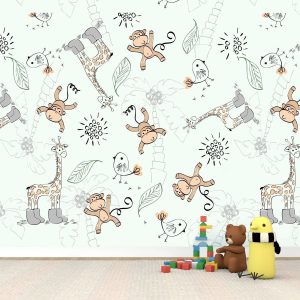 Papier peint Little monkeys – Vert ou blanc