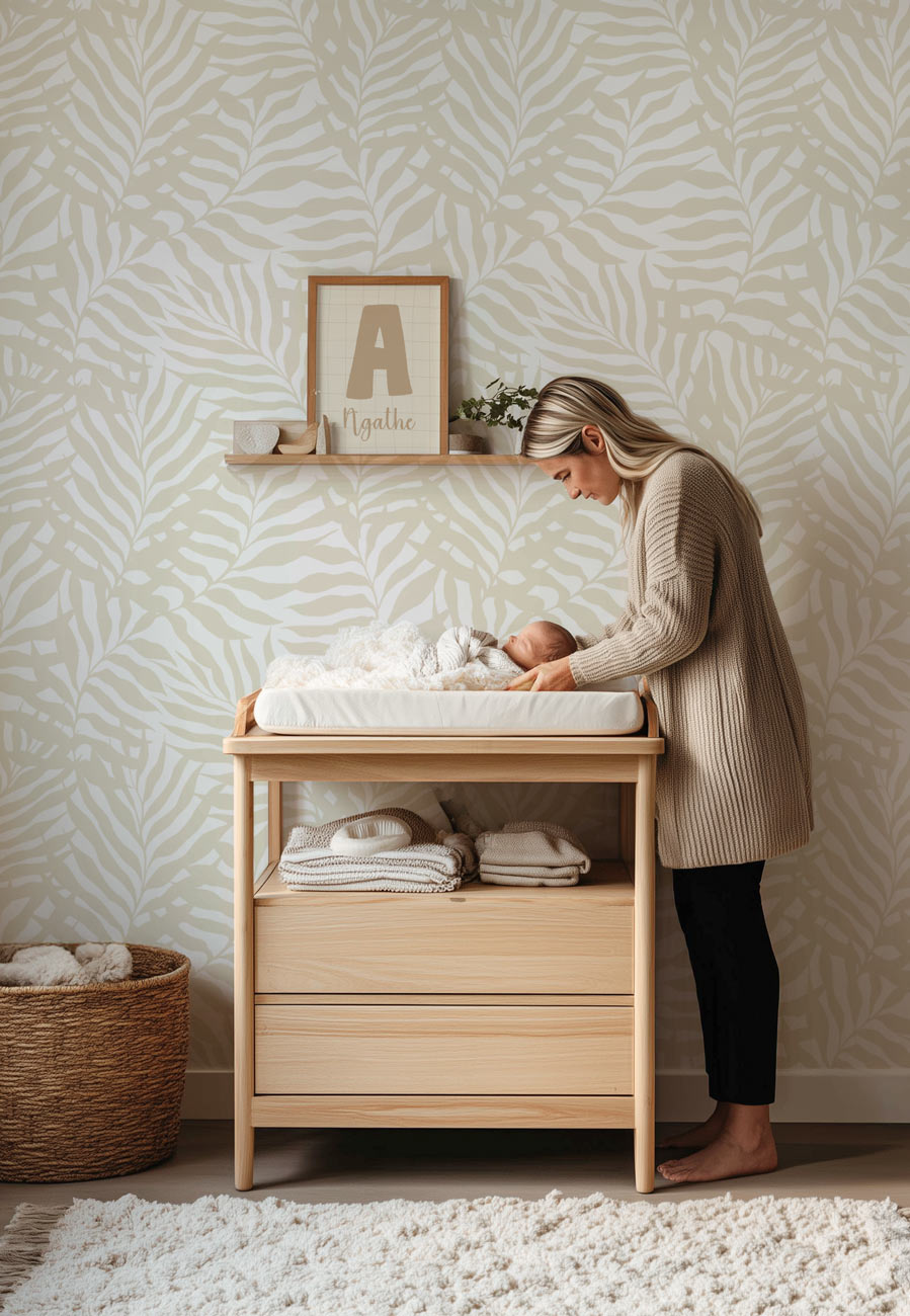 Papier peint feuilles beige