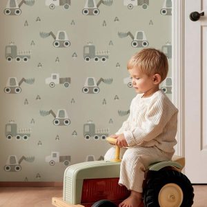 Papier peint petits camions de chantier pour enfant