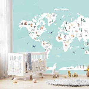 Papier peint carte du monde bleue « Explore the world »