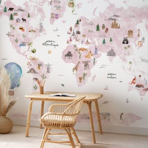 Papier peint carte du monde rose fille