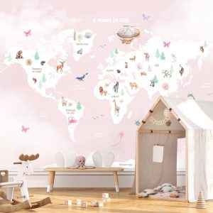 Papier peint carte du monde nuages – rose