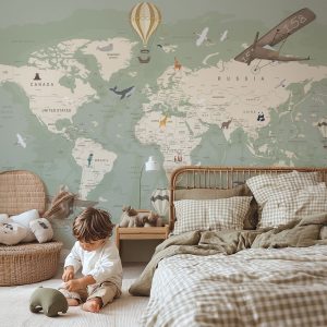 Papier peint carte du monde vert sauge