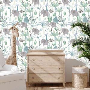 Papier peint éléphant vert d&rsquo;eau pour enfant