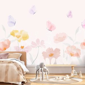 Papier peint chambre fille à fleurs et papillons
