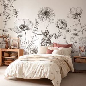 Papier peint Fleurs panoramique noir et blanc