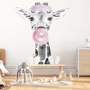 Papier peint portrait girafe bubble gum pour fille