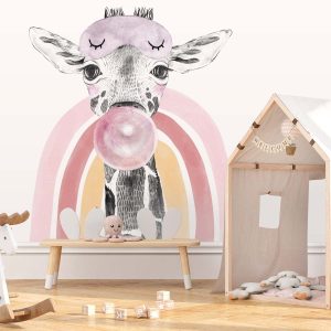 Papier peint girafe arc-en-ciel & bubble gum pour enfant
