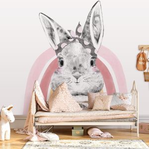 Papier peint lapin avec arc en ciel pour chambre fille