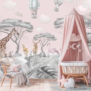 Papier peint panoramique safari rose pour enfant
