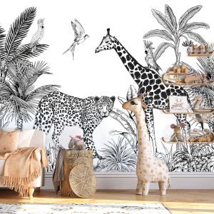 Papier peint animaux du safari noir et blanc pour enfant