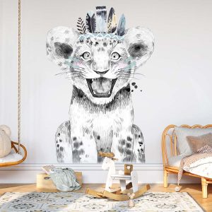Papier peint portrait lion boho bleu pour garçon