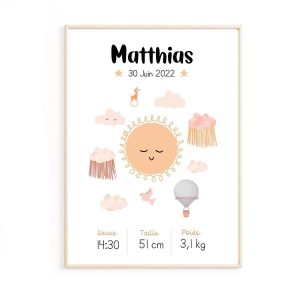 Affiche de naissance bébé soleil personnalisée