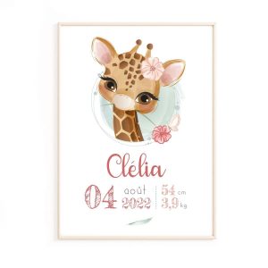 Affiche de naissance girafe personnalisée