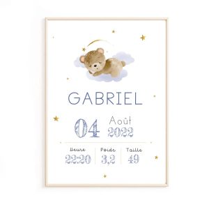 Affiche de naissance ourson personnalisée