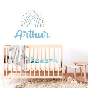 Sticker arc en ciel bleu et doré personnalisé enfant