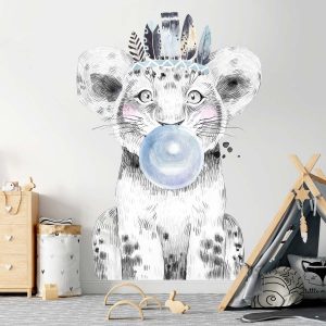 Papier peint portrait lion bubble gum bleu pour enfant